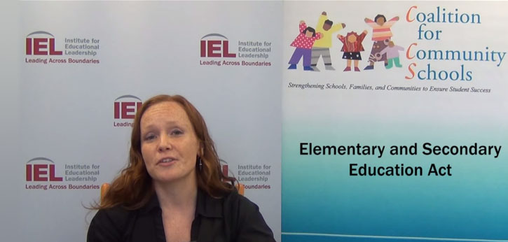 Screenshot: Mary Kingston Roche delivers PolicyPulse on the Elementary and Secondary Education Act in front of logos for the Institute for Educational Leadership and the Coalition for Community Schools.