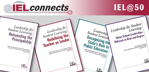 Cover images of the four Leadership for Student Learning Publications: Reinventing the Principalship, Redefining the Teacher as Leader, Recognizing the State's Role in Public Education, and Urban School Leadership--Different in Kind and Degree