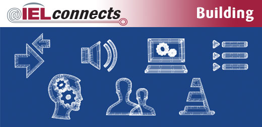 White wireframe images on a blue background: two arrows pointing toward each other, a speaker with sound coming out, laptop computer with gears on the screen, a bullet list with three items, a head in profile with gears inside it, larger and smaller human silhouettes, a traffic cone.