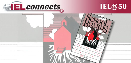 An image of the cover of "School Boards: Strengthening Grassroots Leadership" overlayed over a faded detail of the cover (red schoolhouse with a white root structure)