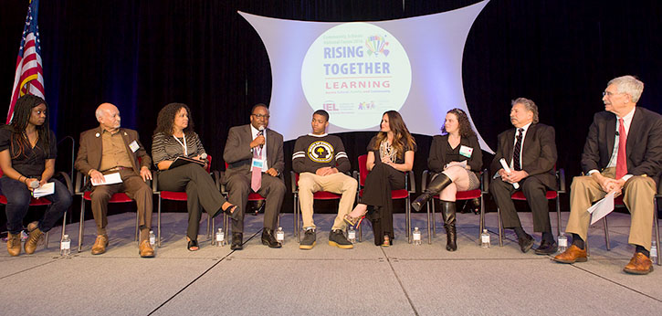 The closing plenary panel at the Community Schools National Forum. Khalil Bridges is pictured center.