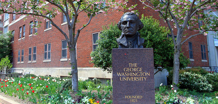 Image of the George Washington University Campus with a bust of George Washington.
