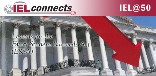 A detail of the book cover featuring the columns of a government building and a red infographic arrow pointing down. Text: "Lessons from the Every Students Succeeds Act (ESSA)