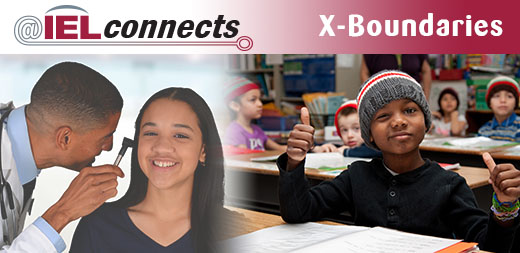 @IELconnects - X-Boundaries: Image (An image of a doctor checking a girl's hearing blends into an image of a young boy giving a thumbs up in a classroom)