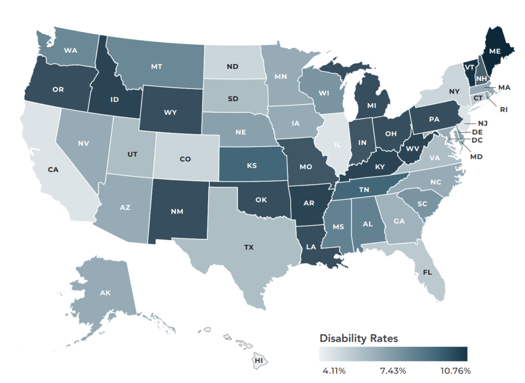 Disability Rates of Youth and Young Adults (Ages 14-24) by State: 2019