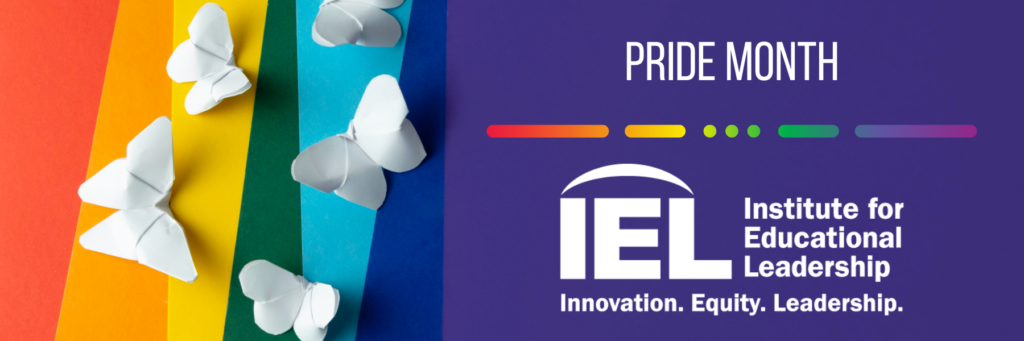 Pride month: IEL logo and rainbow background with butterflies