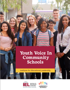 Youth Voice in Community Schools (image of high school youth with teacher, standing together and smiling). IEL/CCS Logo