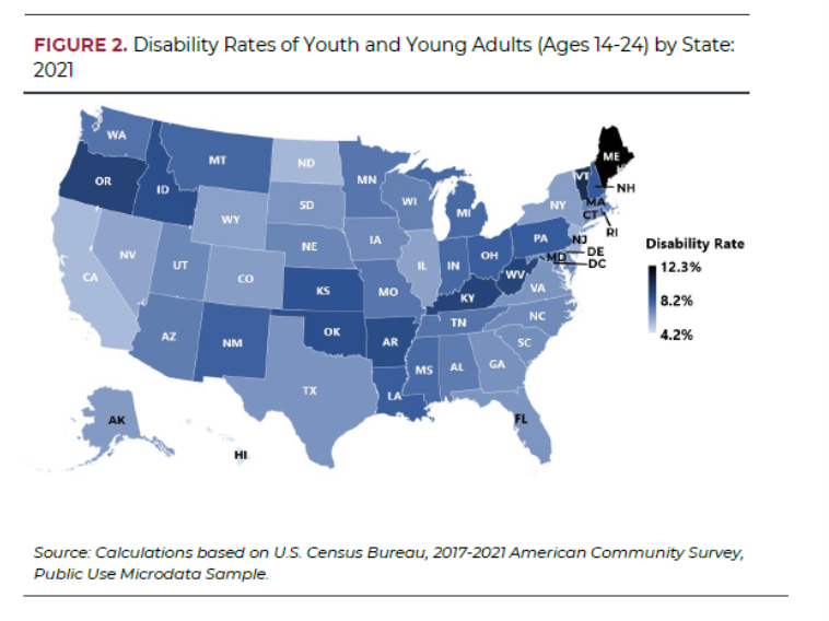 Disability Rates of Youth and Young Adults (Ages 14-24) by State: 2021